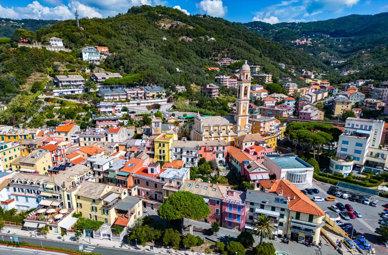 Aerial view of Moneglia, a tourist resort on the Riviera di Levante, Liguria, Italy