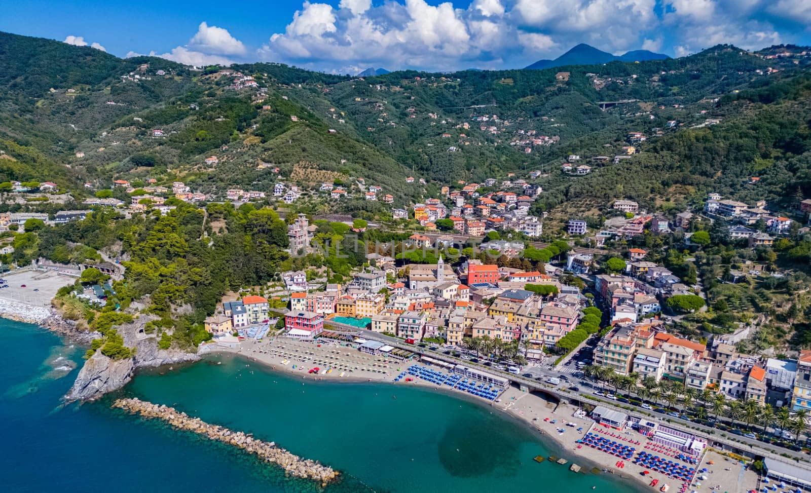 Aerial view of Moneglia, a tourist resort on the Riviera di Levante, Liguria, Italy