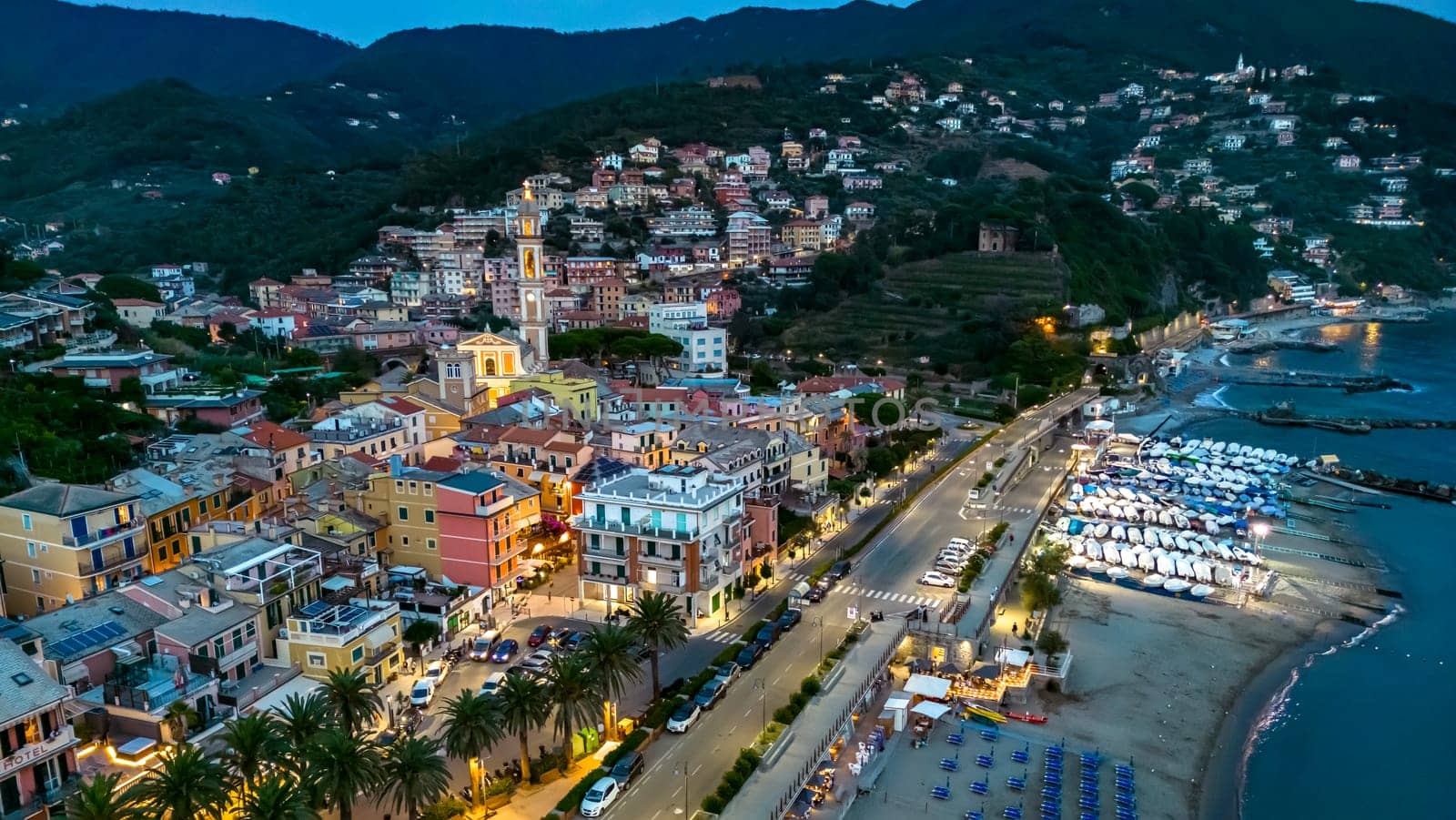 Aerial view of Moneglia, a tourist resort on the Riviera di Levante, Liguria, Italy