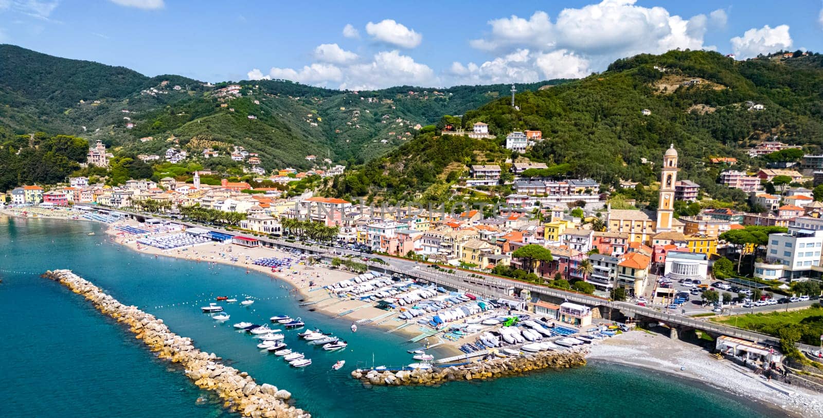 Aerial view of Moneglia, a tourist resort on the Riviera di Levante, Liguria, Italy