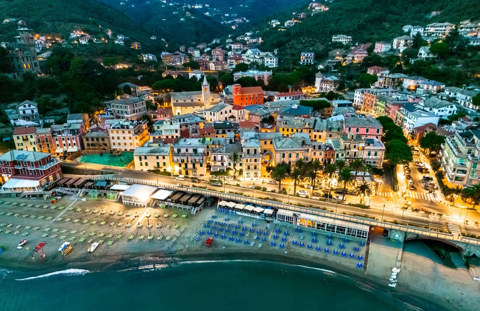 Aerial view of Moneglia, a tourist resort on the Riviera di Levante, Liguria, Italy