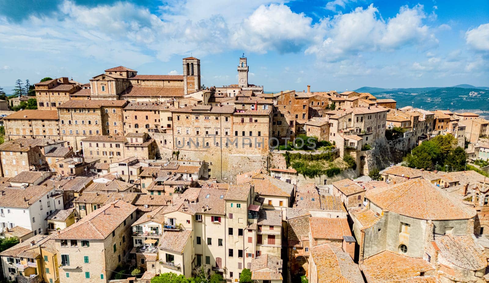 Aerial view of Montepulciano, a medieval and Renaissance hill town in the Italian province of Siena in southern Tuscany, Italy