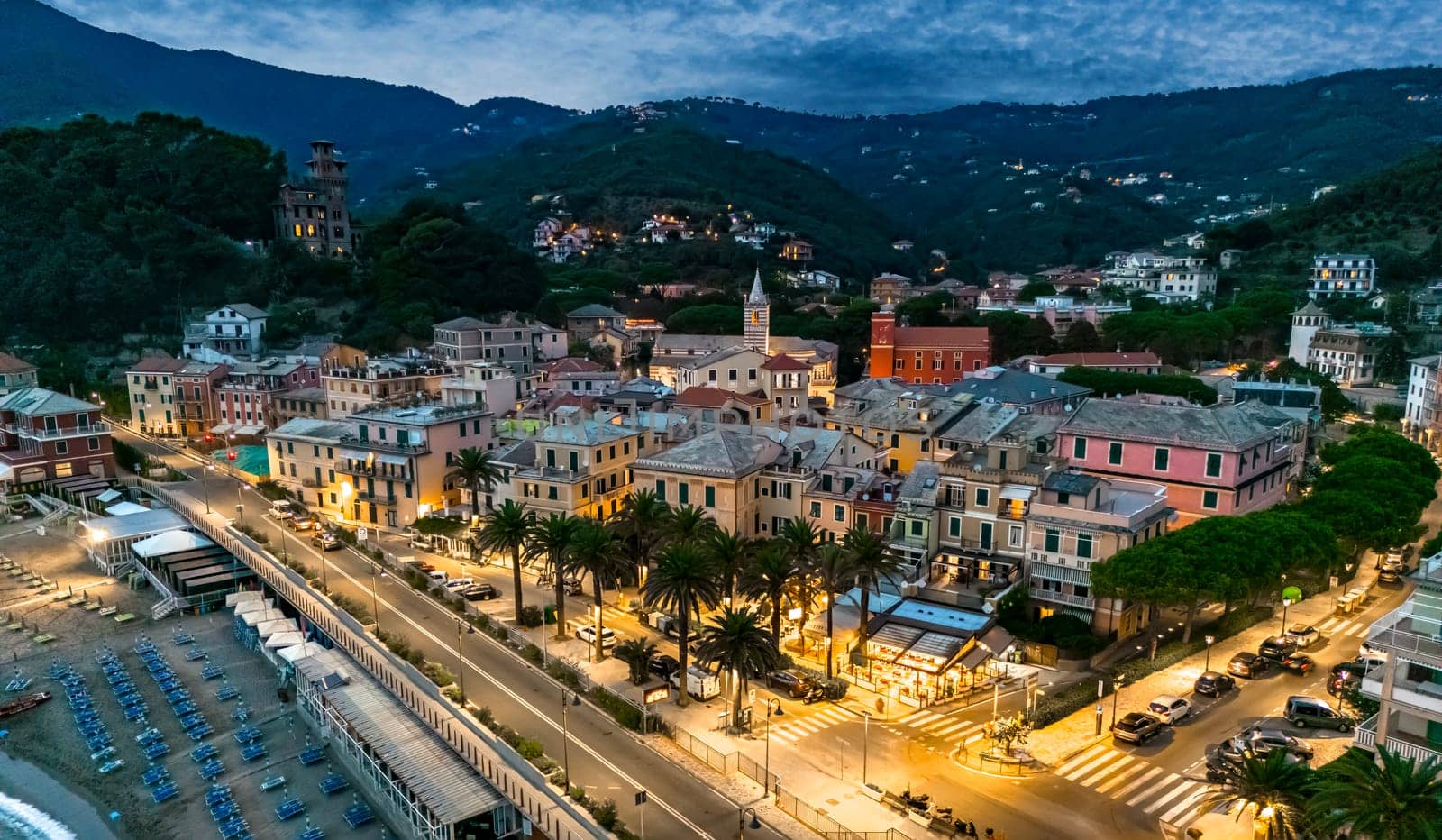 Aerial view of Moneglia, a tourist resort on the Riviera di Levante, Liguria, Italy