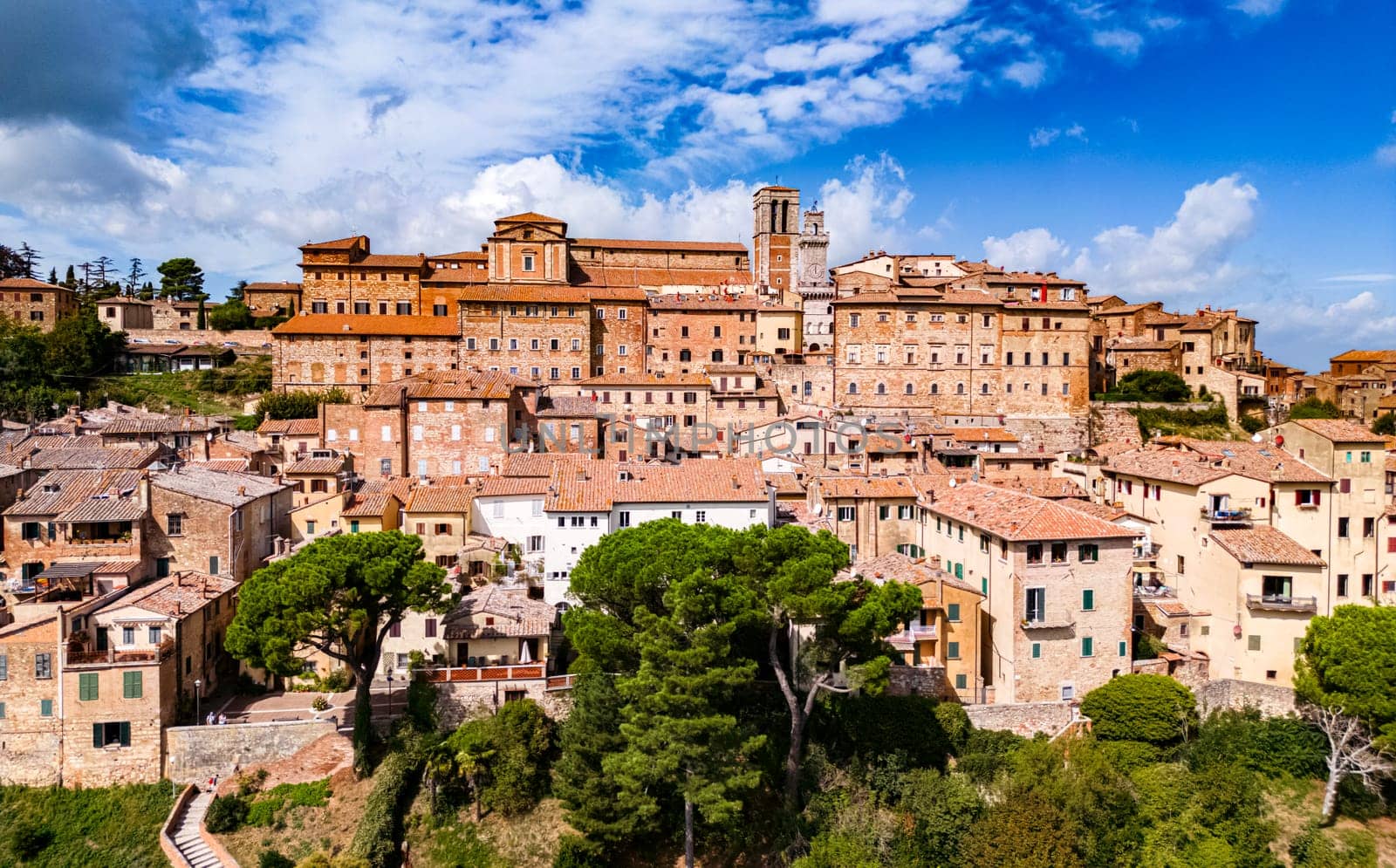 Aerial view of Montepulciano, a medieval and Renaissance hill town in the Italian province of Siena in southern Tuscany, Italy