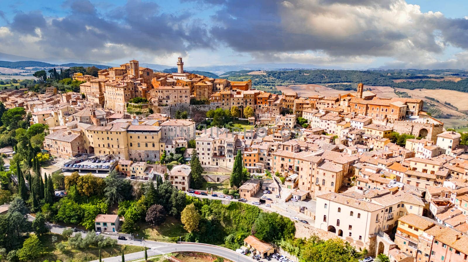Aerial view of Montepulciano, a medieval and Renaissance hill town in the Italian province of Siena in southern Tuscany, Italy