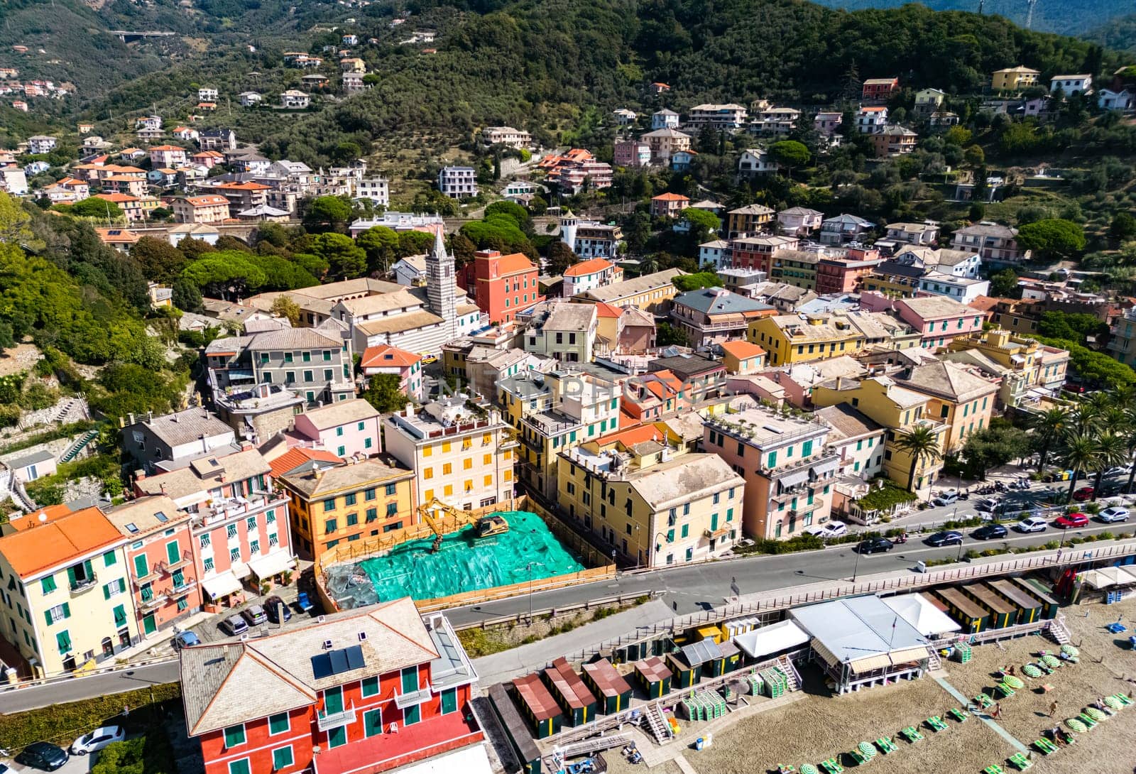 Aerial view of Moneglia, a tourist resort on the Riviera di Levante, Liguria, Italy