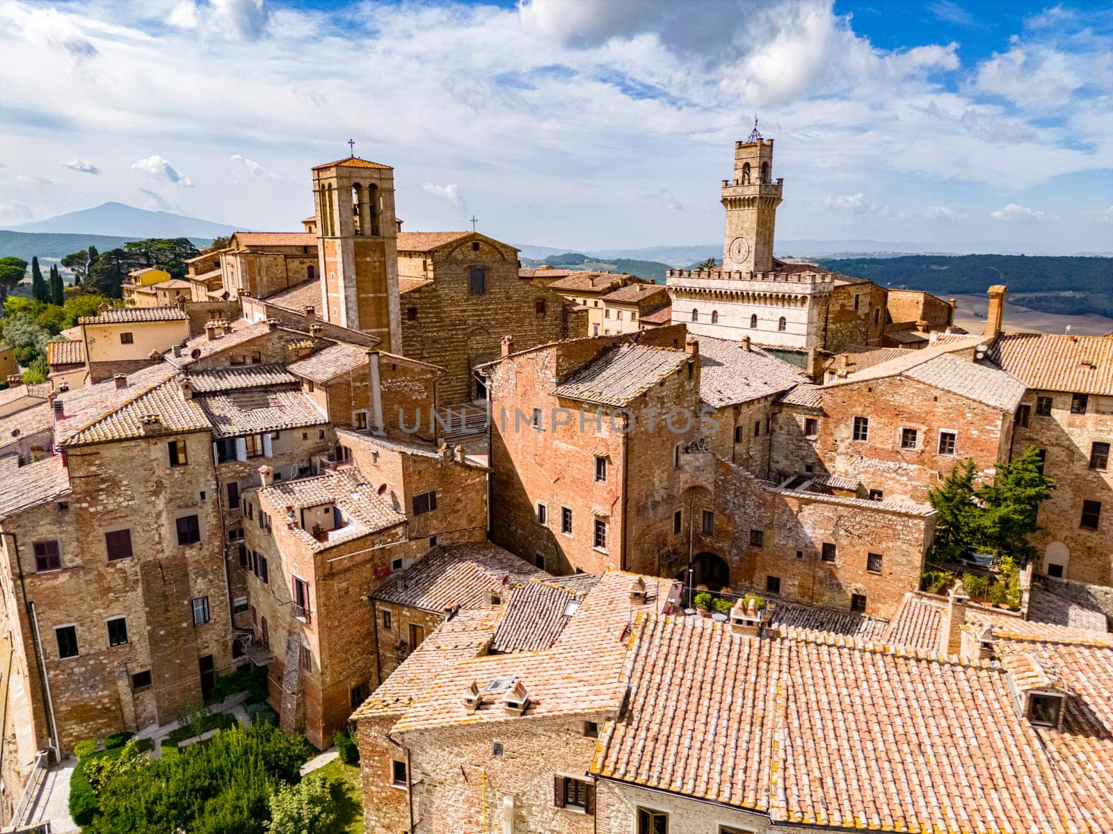 Aerial view of Montepulciano, a medieval and Renaissance hill town in the Italian province of Siena in southern Tuscany, Italy