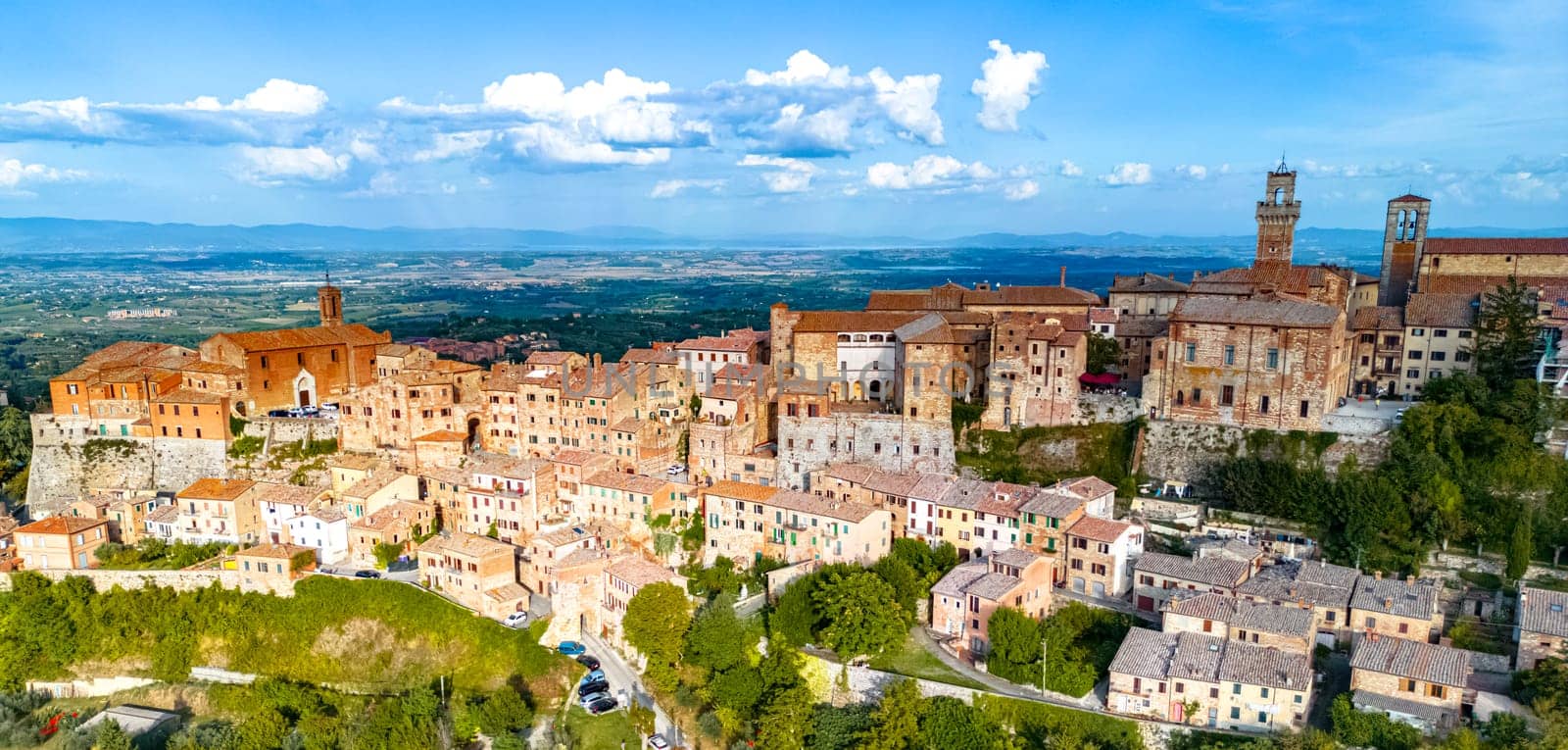 Aerial view of Montepulciano, a medieval and Renaissance hill town in the Italian province of Siena in southern Tuscany, Italy