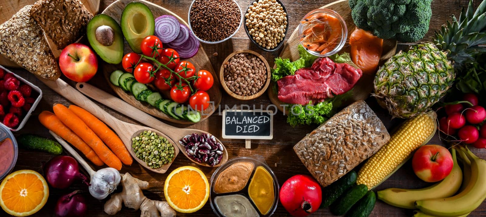 A variety of food products representing balanced diet