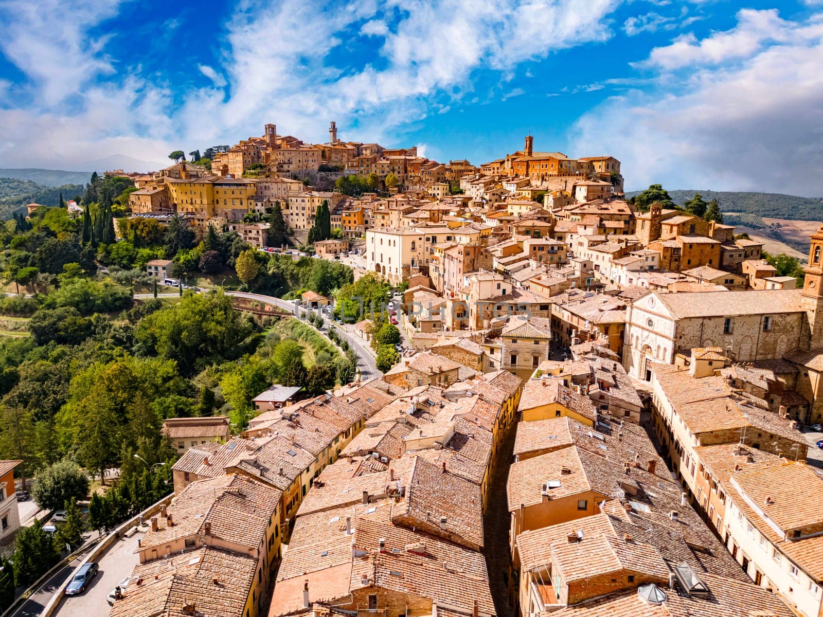 Aerial view of Montepulciano, a medieval and Renaissance hill town in the Italian province of Siena in southern Tuscany, Italy