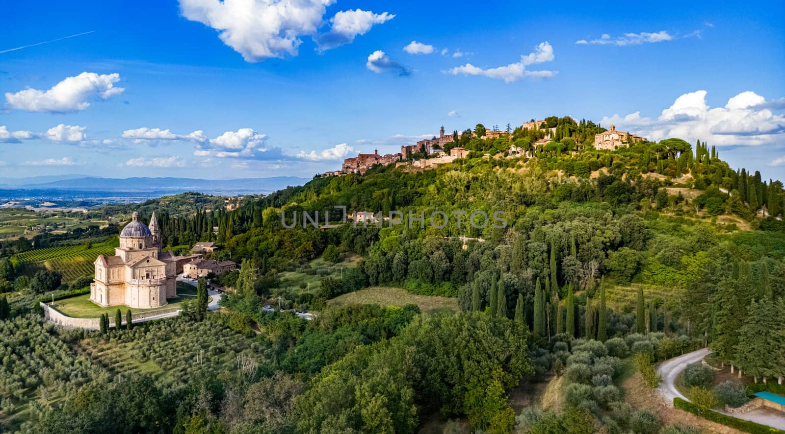 Aerial view of Montepulciano, a medieval and Renaissance hill town in the Italian province of Siena in southern Tuscany, Italy