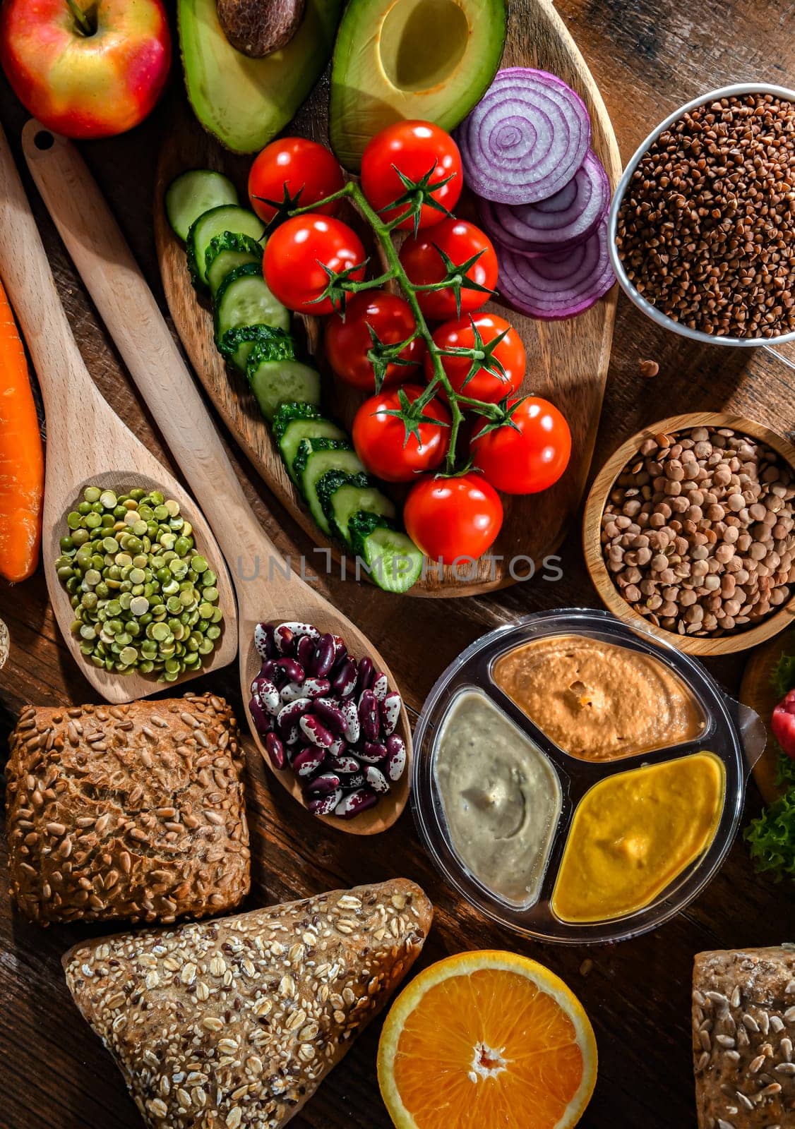 A variety of food products representing balanced diet
