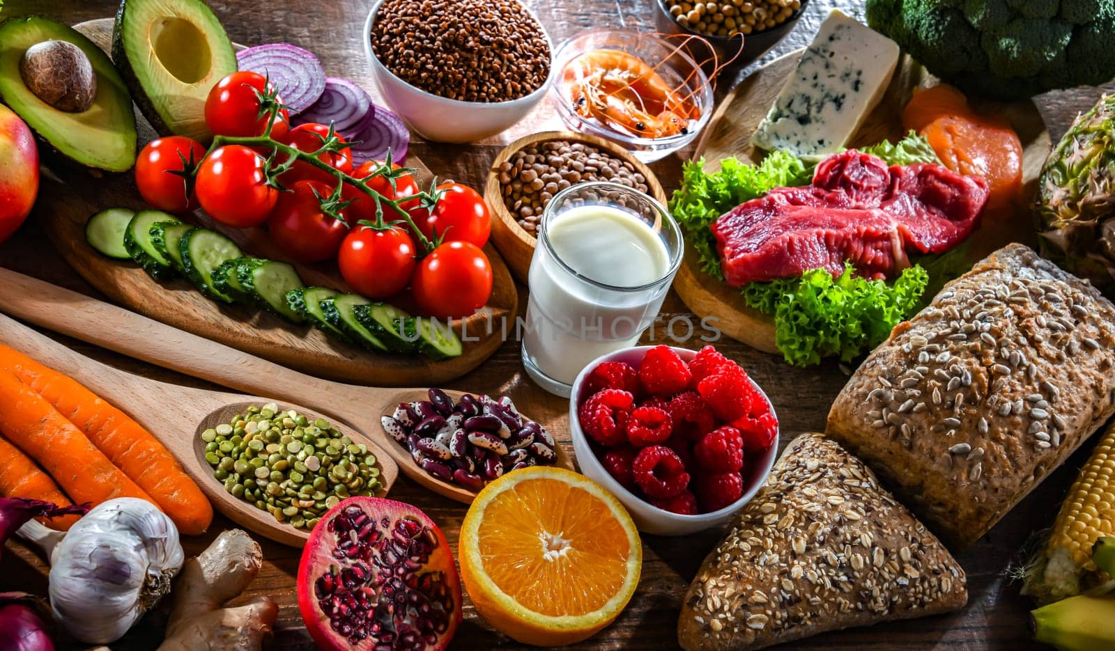 A variety of food products representing balanced diet