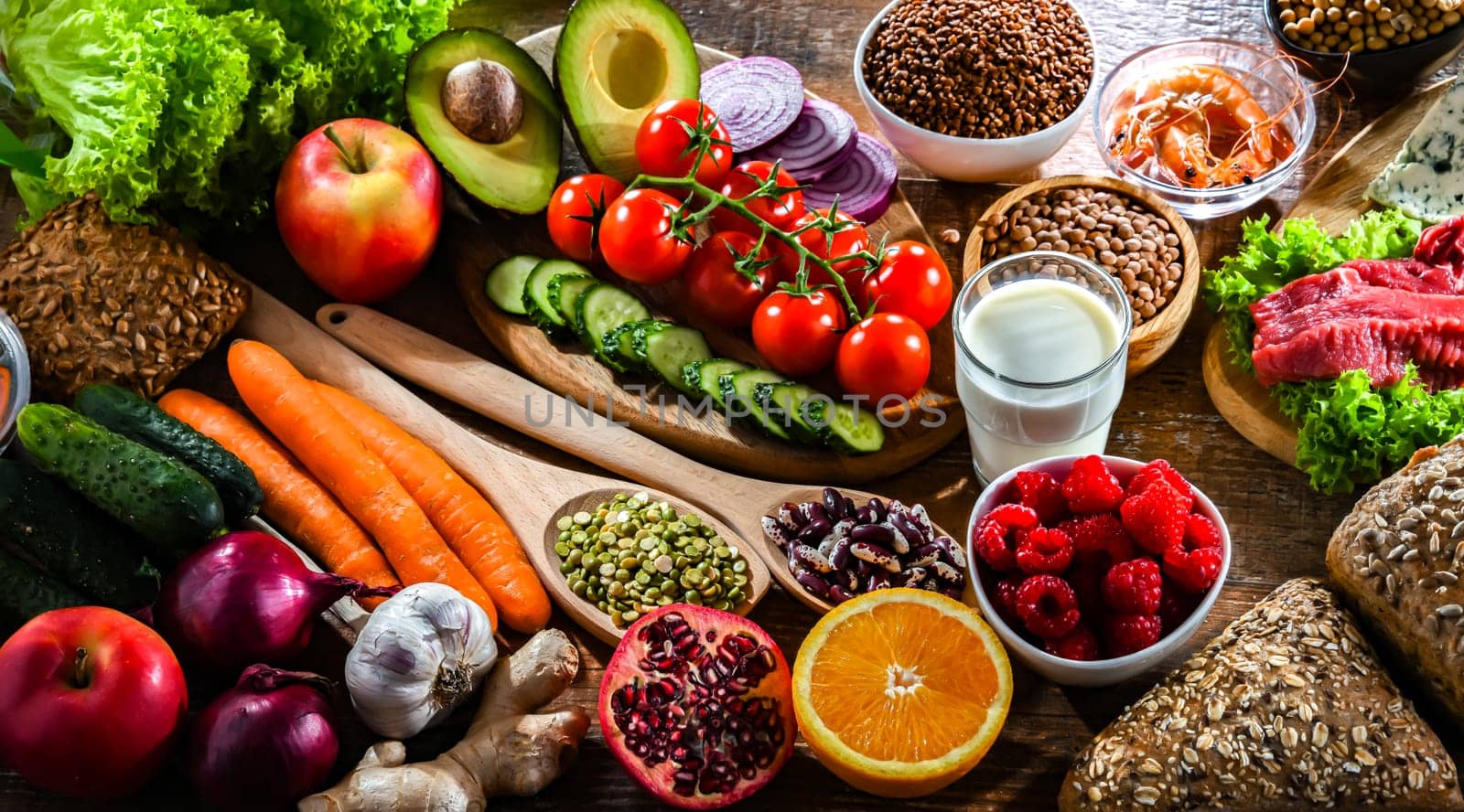 A variety of food products representing balanced diet