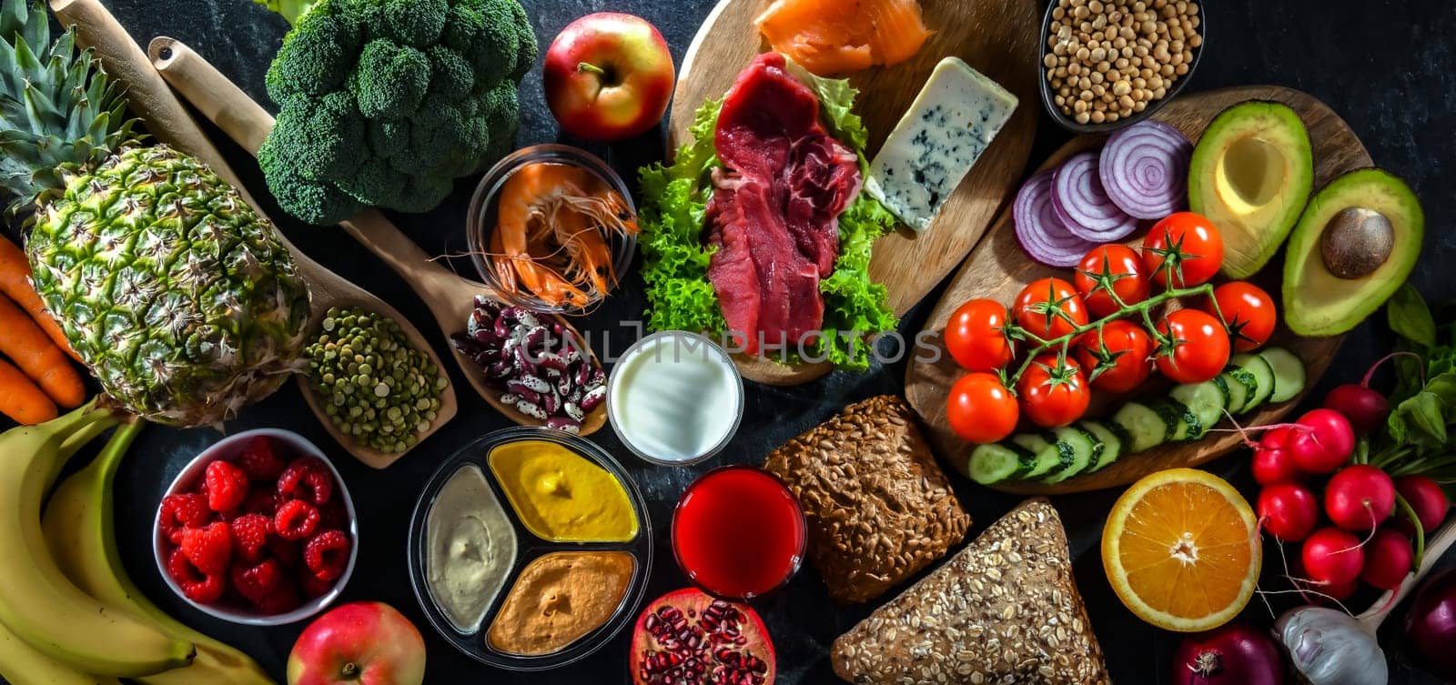 A variety of food products representing balanced diet