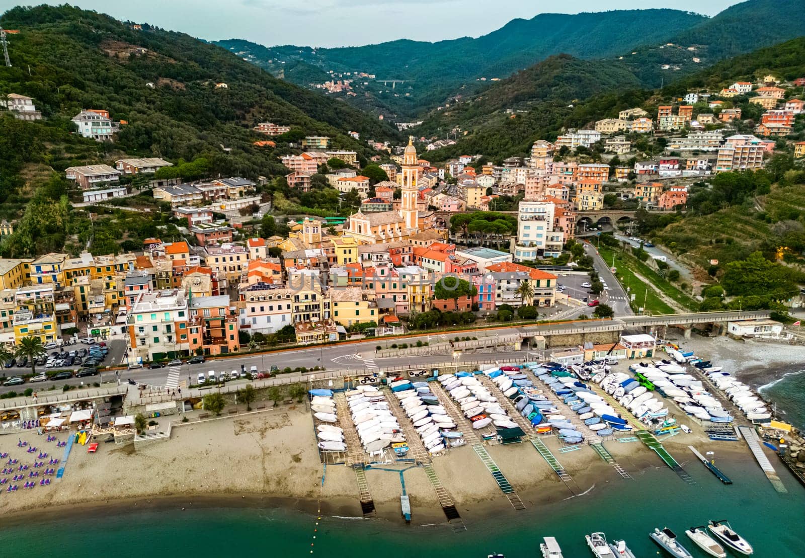 Aerial view of Moneglia, a tourist resort on the Riviera di Levante, Liguria, Italy