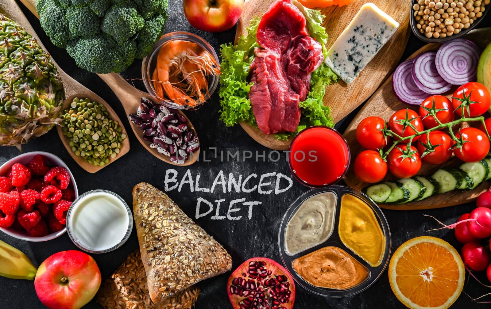 A variety of food products representing balanced diet