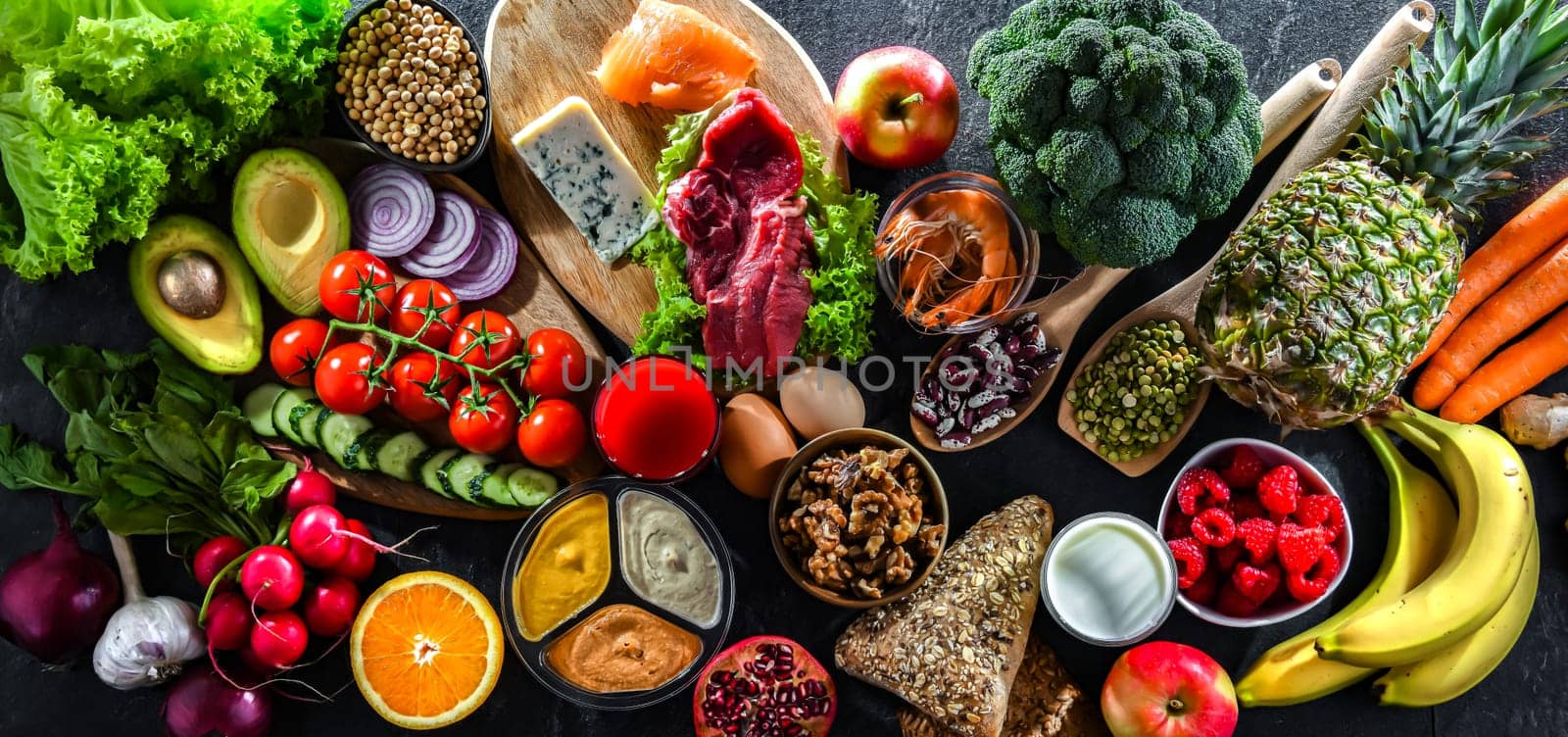 A variety of food products representing balanced diet