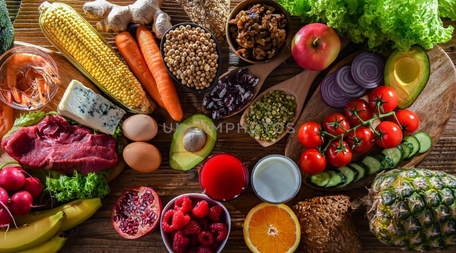A variety of food products representing balanced diet