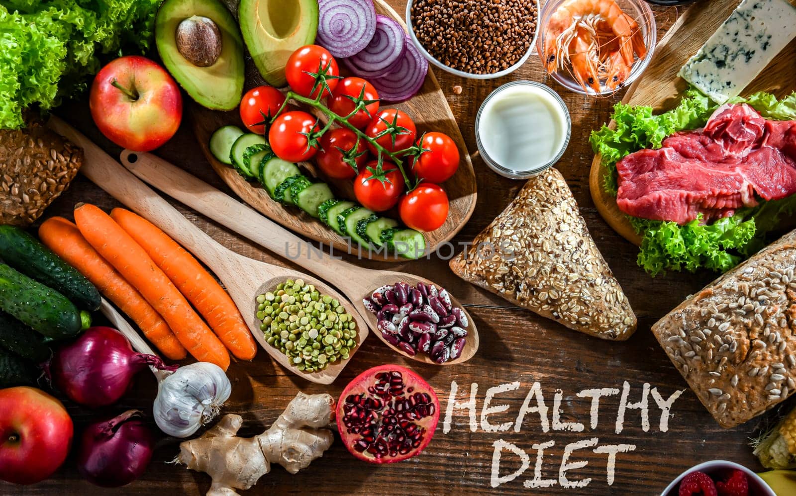 A variety of food products representing balanced diet