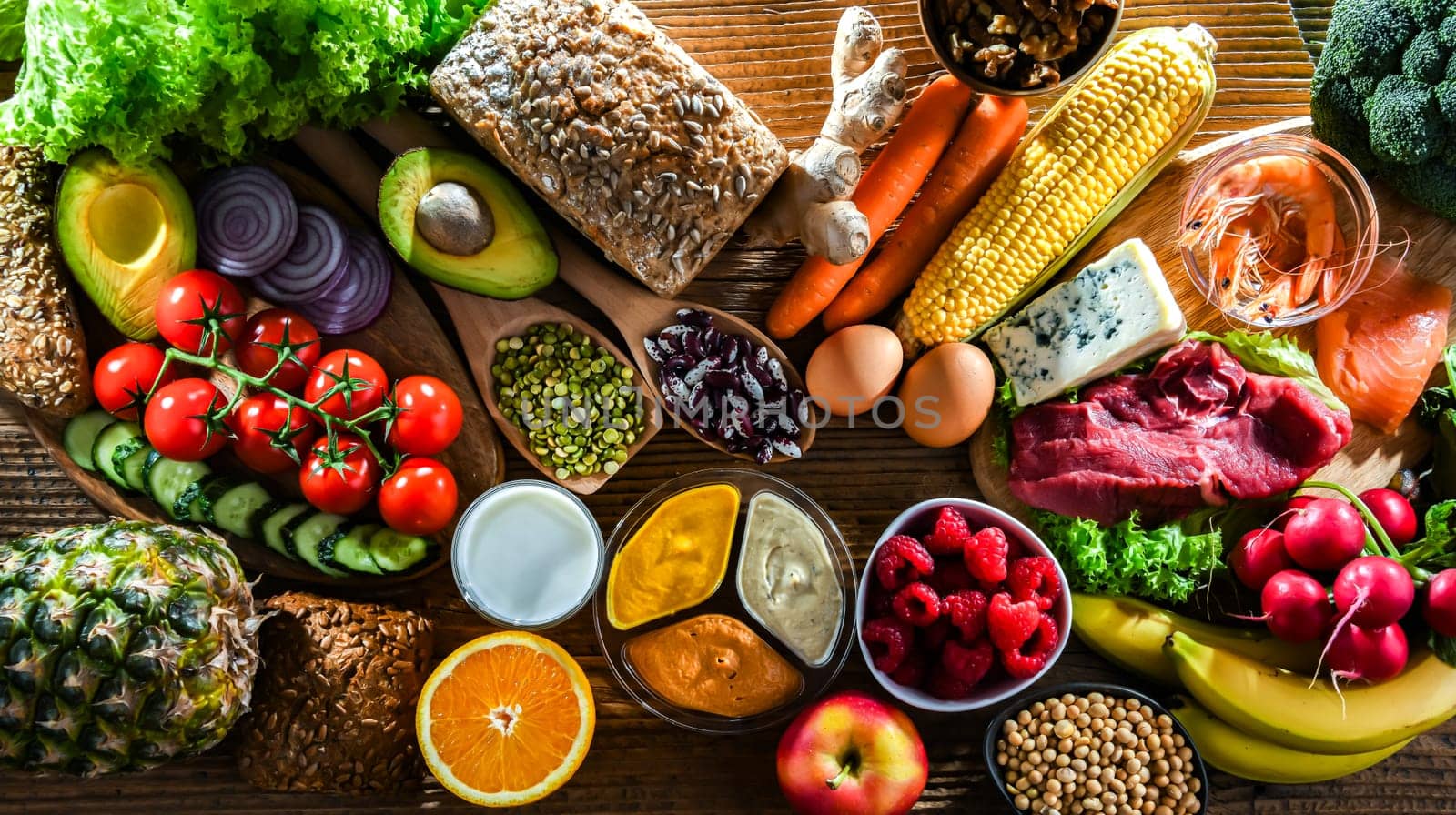 A variety of food products representing balanced diet