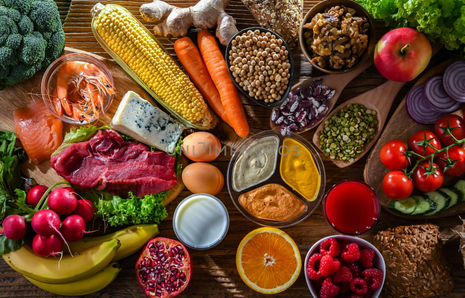A variety of food products representing balanced diet