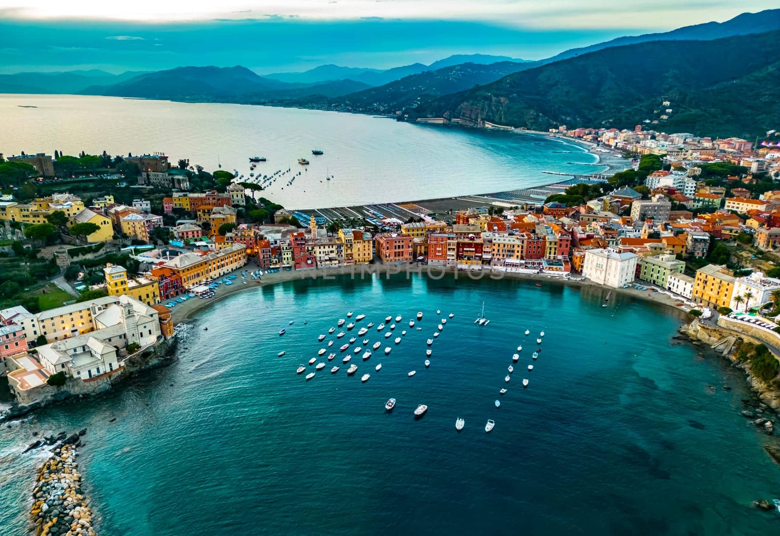 Aerial view of the Bay of Silence in Sestri Levante, Liguria, Italy