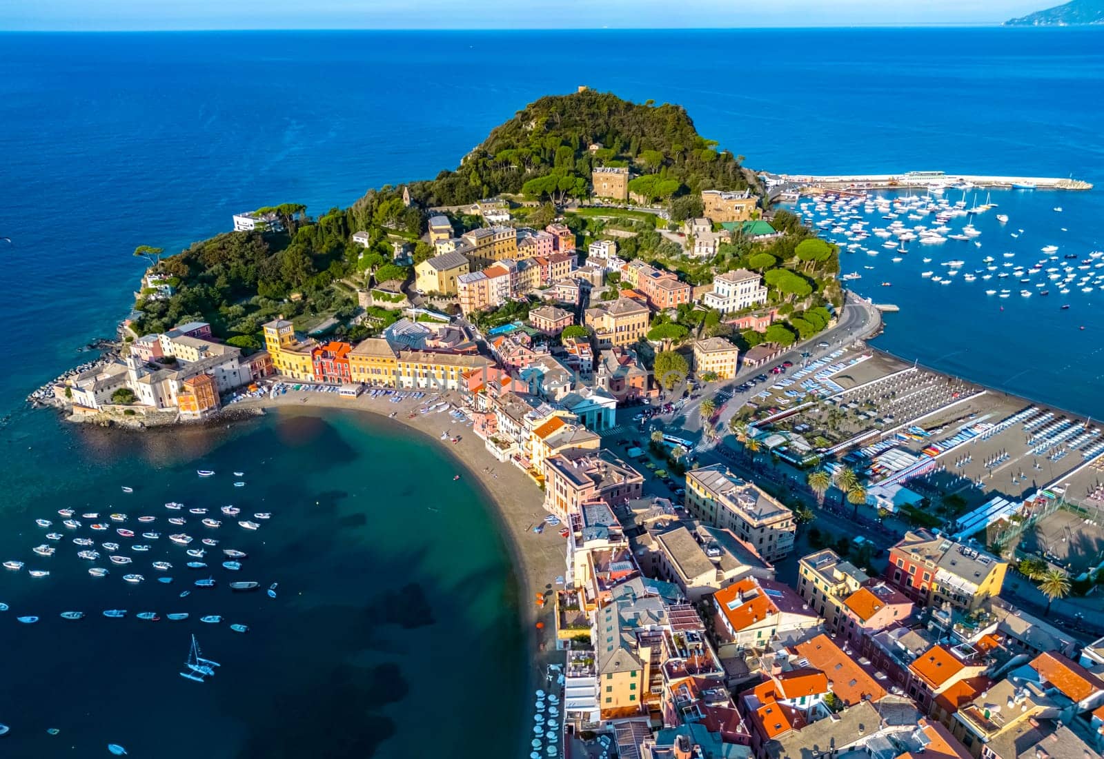 Aerial view of the Bay of Silence in Sestri Levante, Liguria, Italy
