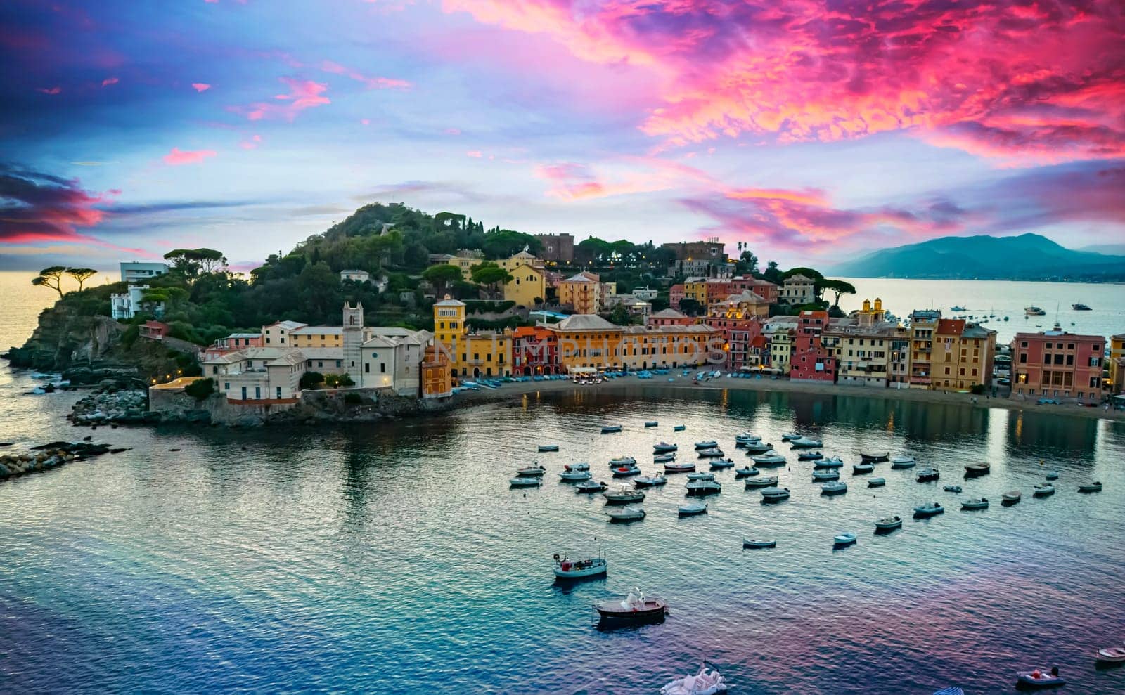 Aerial view of the Bay of Silence in Sestri Levante, Liguria, Italy