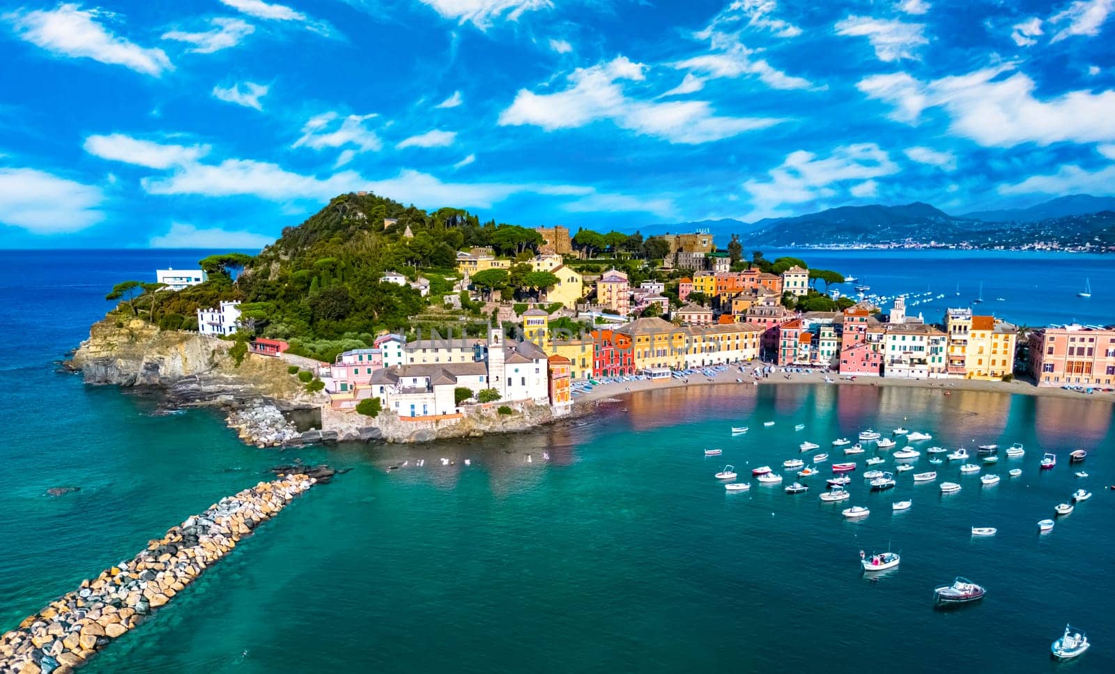 Aerial view of the Bay of Silence in Sestri Levante, Liguria, Italy