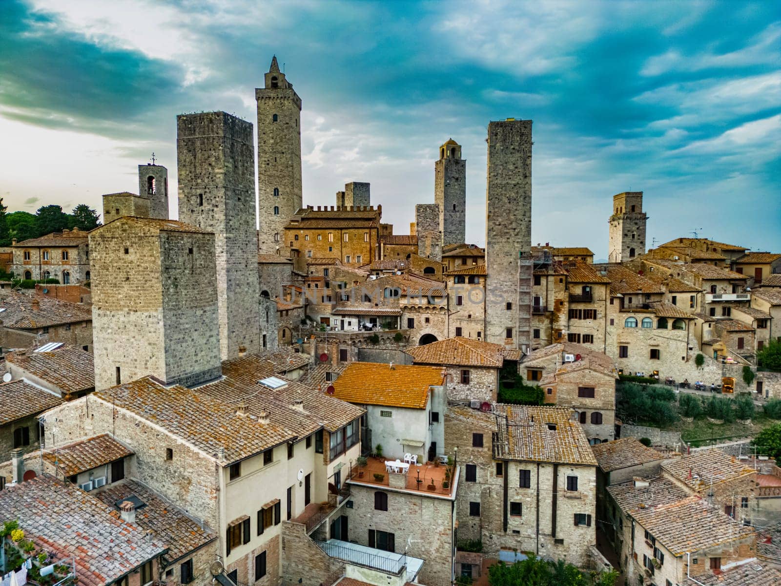 Aerial view of San Gimignano, a walled medieval hill town in the province of Siena, Tuscany, Italy