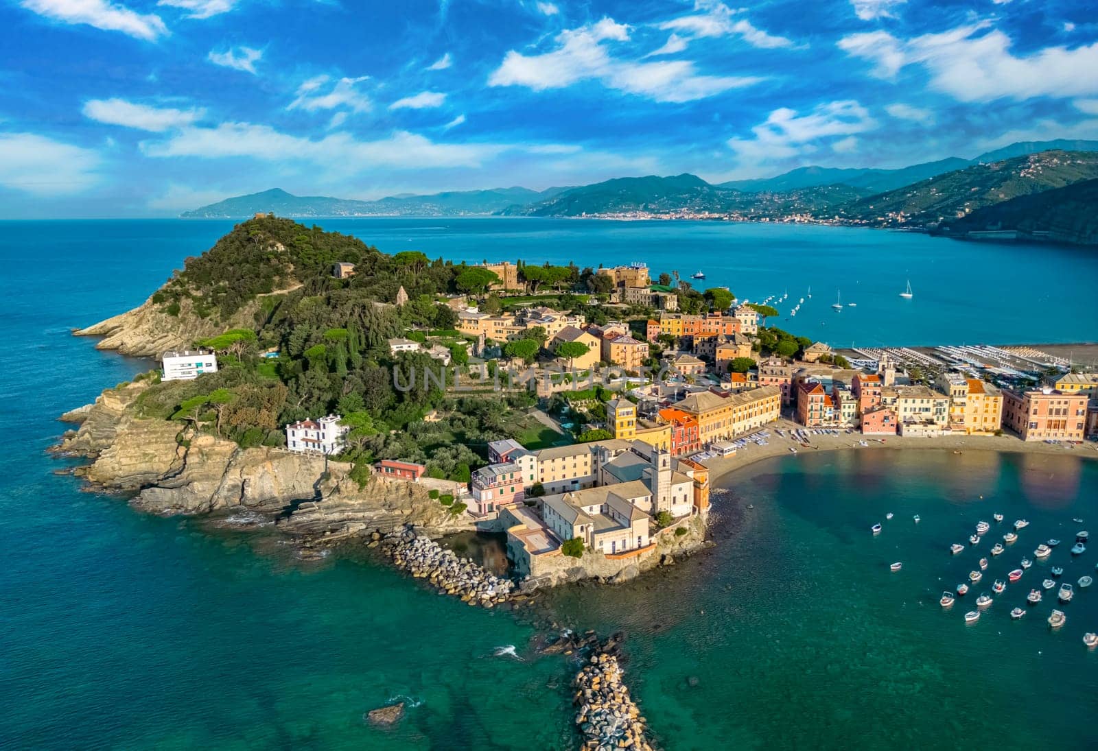Aerial view of the Bay of Silence in Sestri Levante, Liguria, Italy