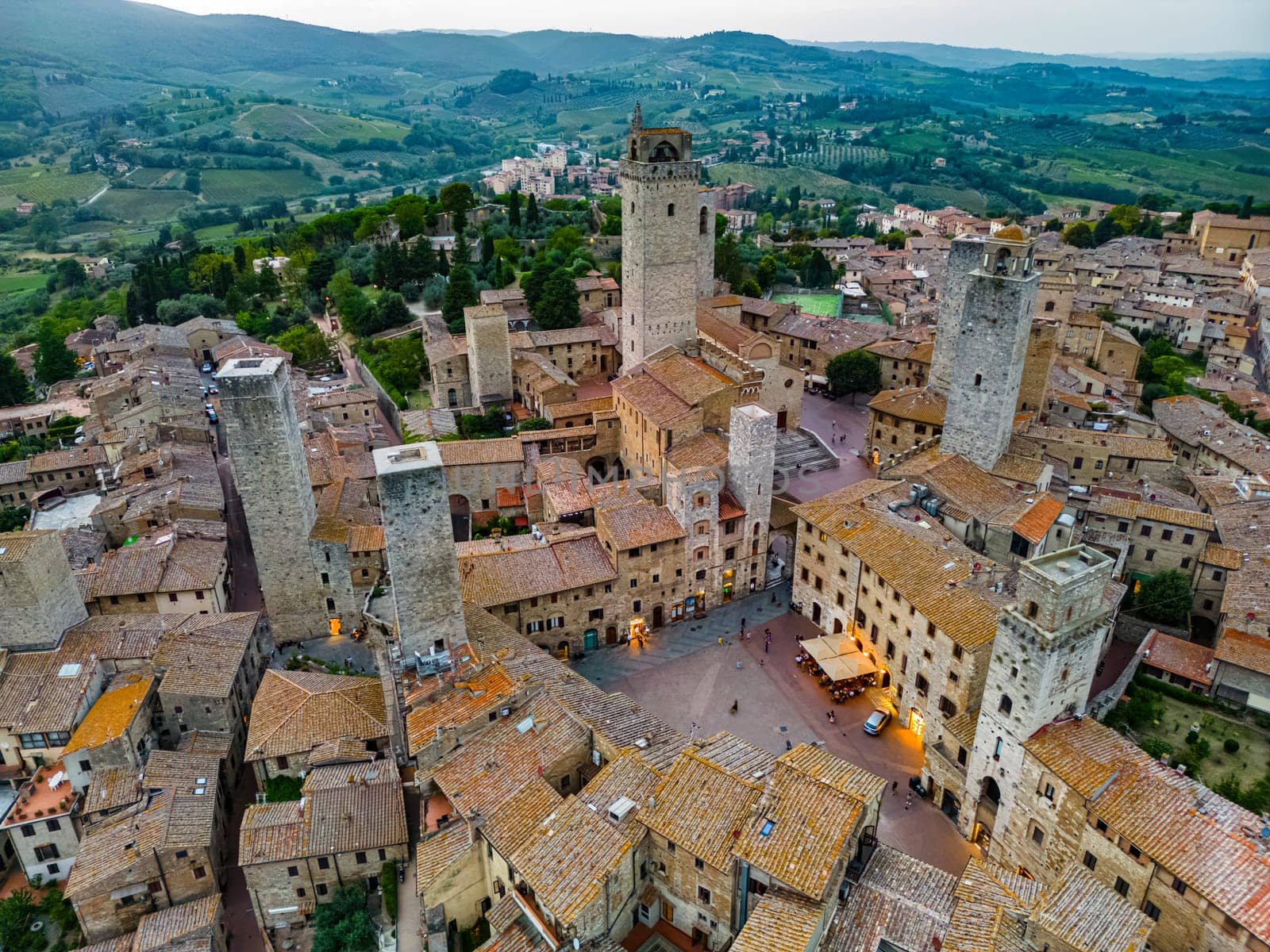 Aerial view of San Gimignano, a walled medieval hill town in the province of Siena, Tuscany, Italy
