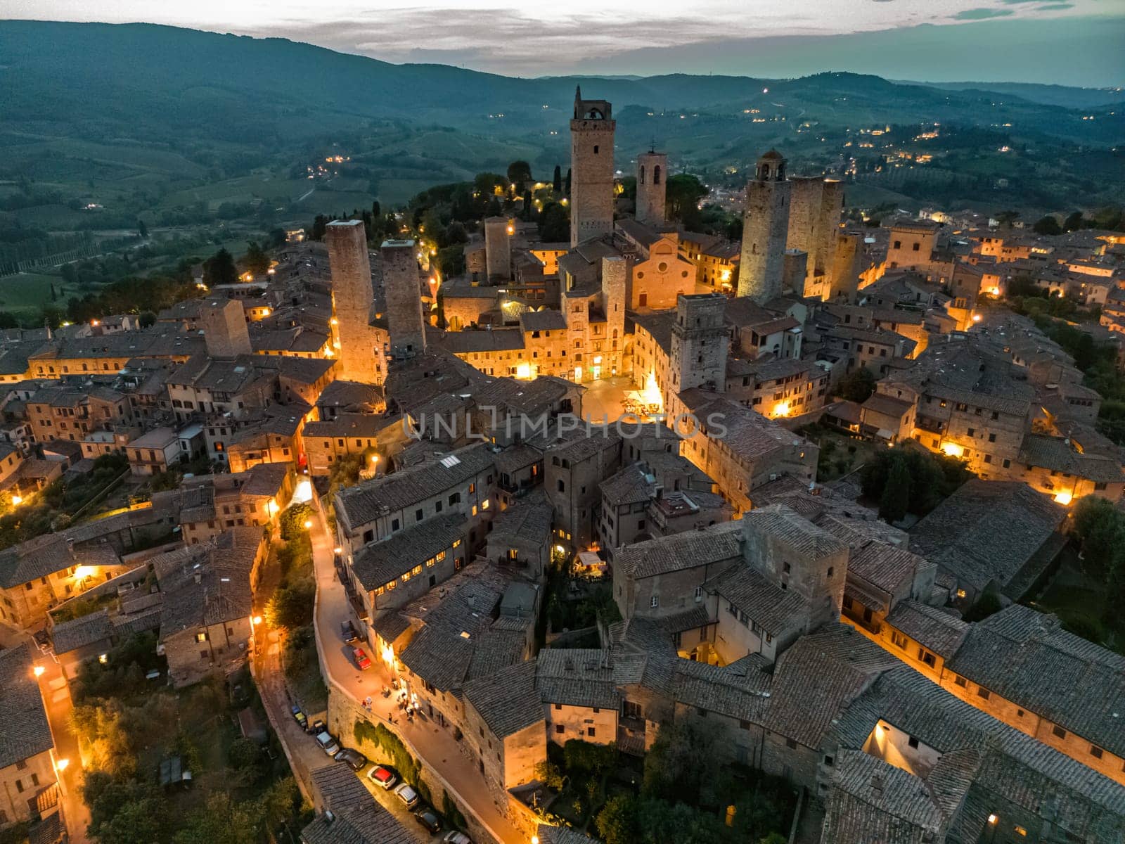 Aerial view of San Gimignano, a walled medieval hill town in the province of Siena, Tuscany, Italy