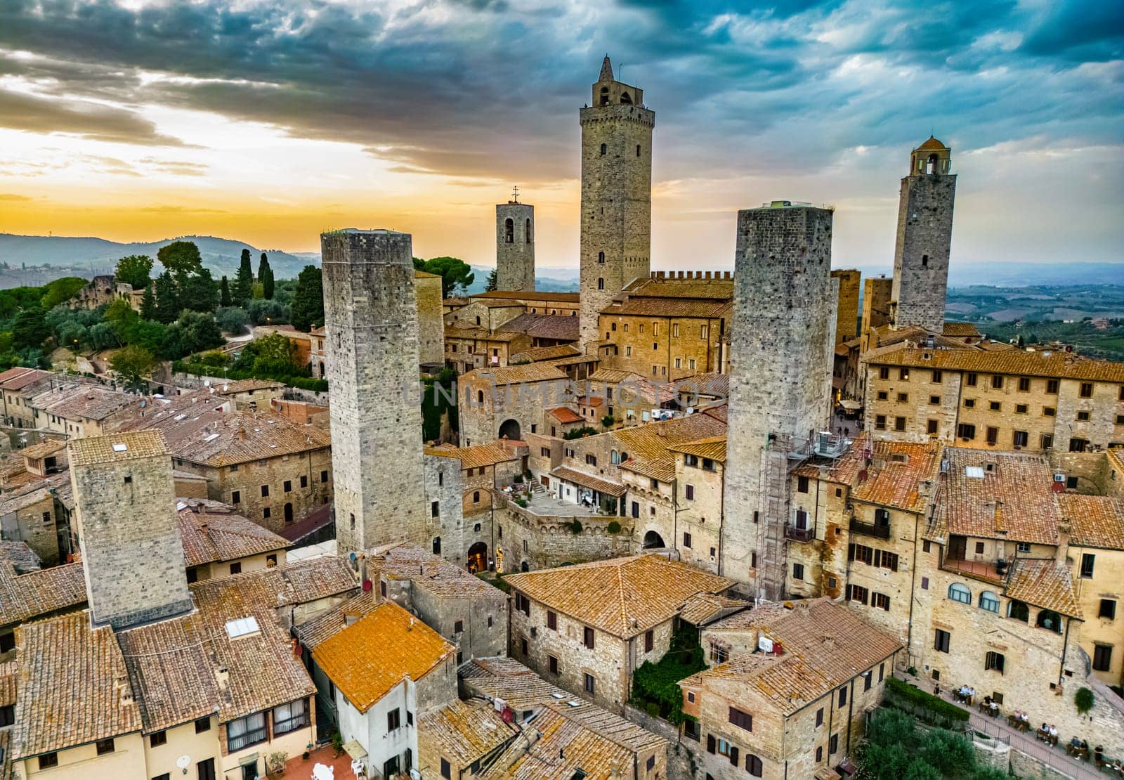 Aerial view of San Gimignano, a walled medieval hill town in the province of Siena, Tuscany, Italy
