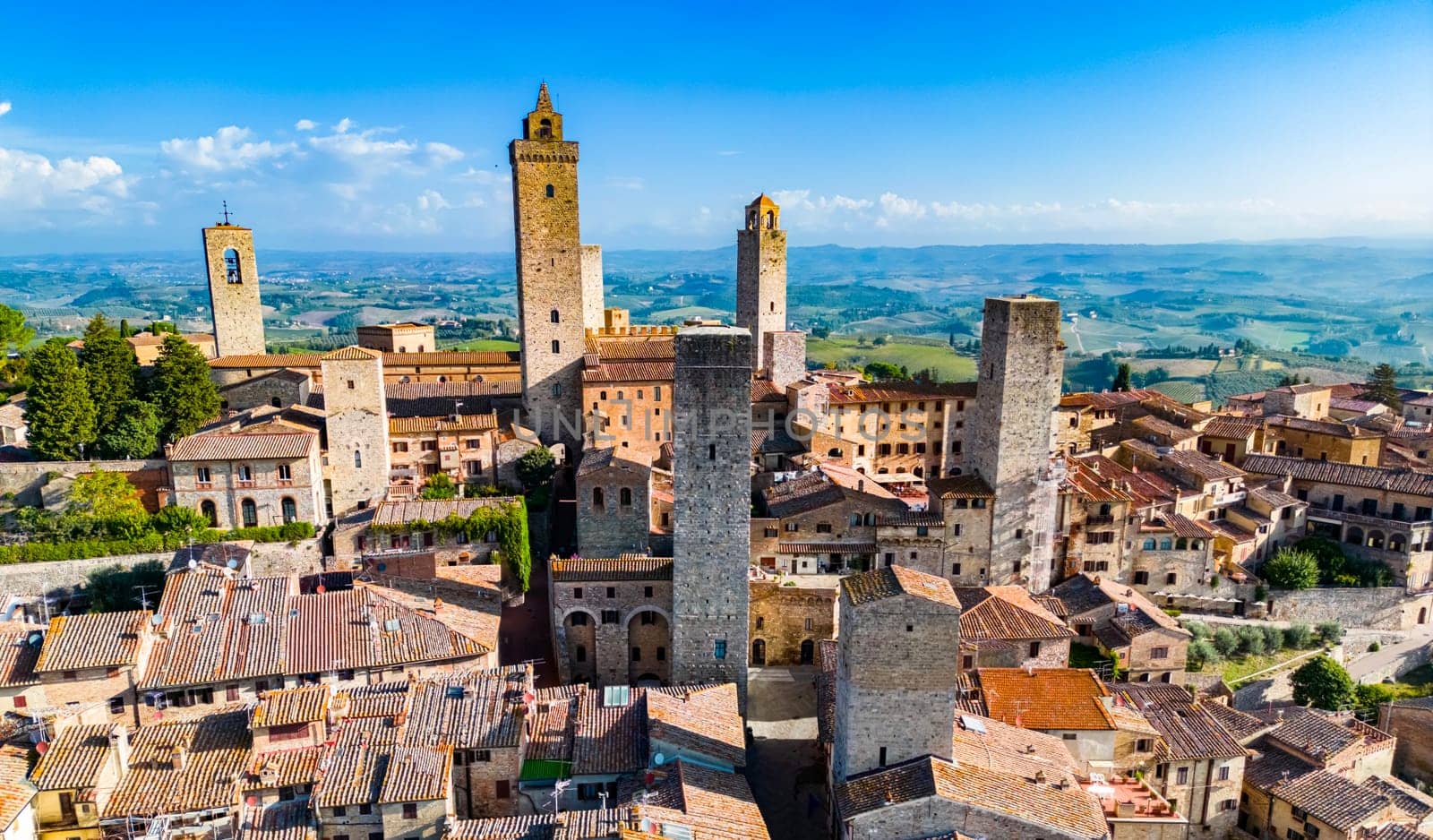Aerial view of San Gimignano, a walled medieval hill town in the province of Siena, Tuscany, Italy