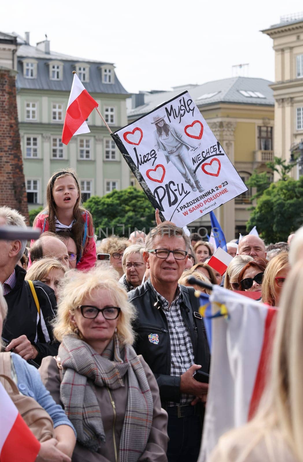 Cracow, Poland - October 1, 2023: Million Hearts March in Krakow. Crowds of Poles march through the streets of Krakow protesting against PiS's rule