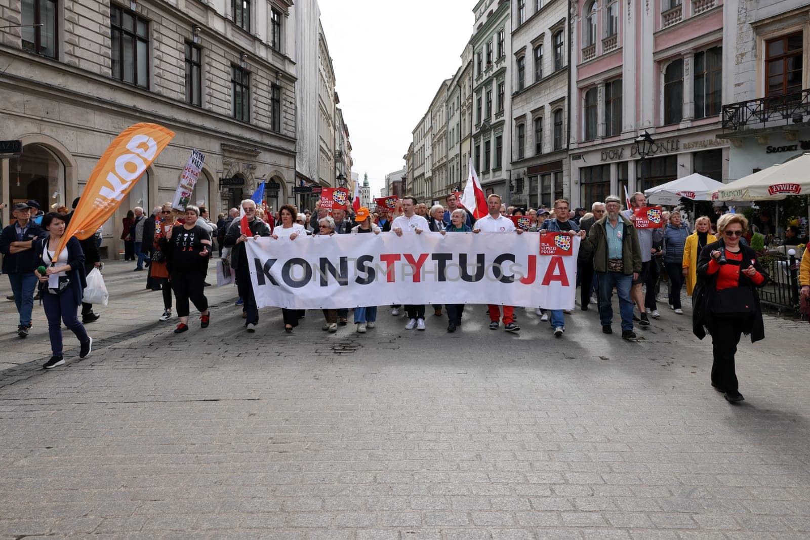 Cracow, Poland - October 1, 2023: Million Hearts March in Krakow. Crowds of Poles march through the streets of Krakow protesting against PiS's rule