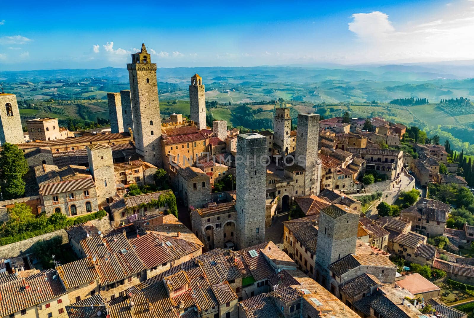 Aerial view of San Gimignano, a walled medieval hill town in the province of Siena, Tuscany, Italy
