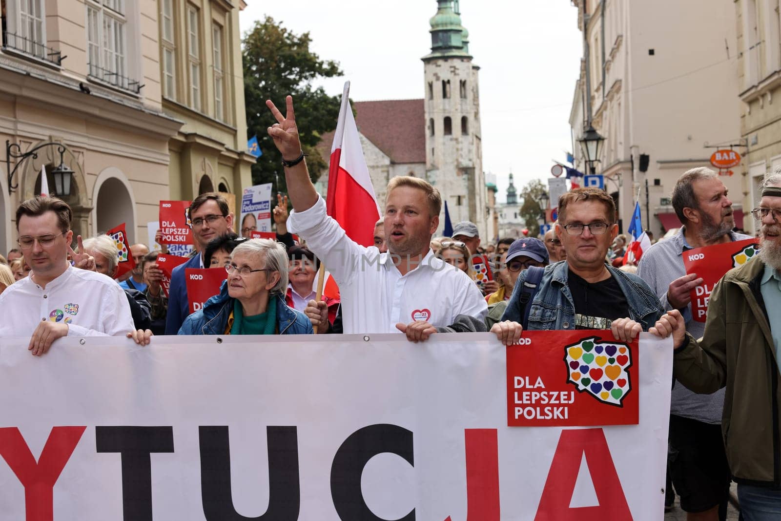 Cracow, Poland - October 1, 2023: Million Hearts March in Krakow. Crowds of Poles march through the streets of Krakow protesting against PiS's rule