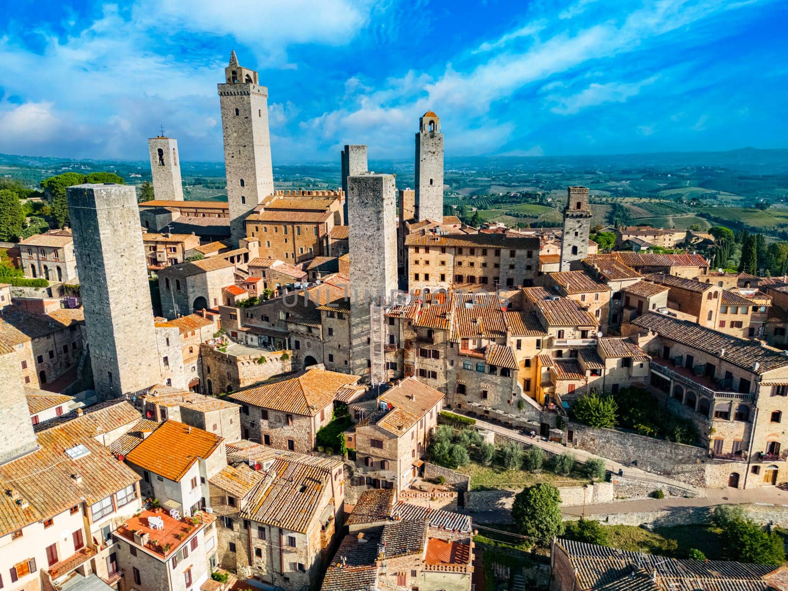 Aerial view of San Gimignano, a walled medieval hill town in the province of Siena, Tuscany, Italy