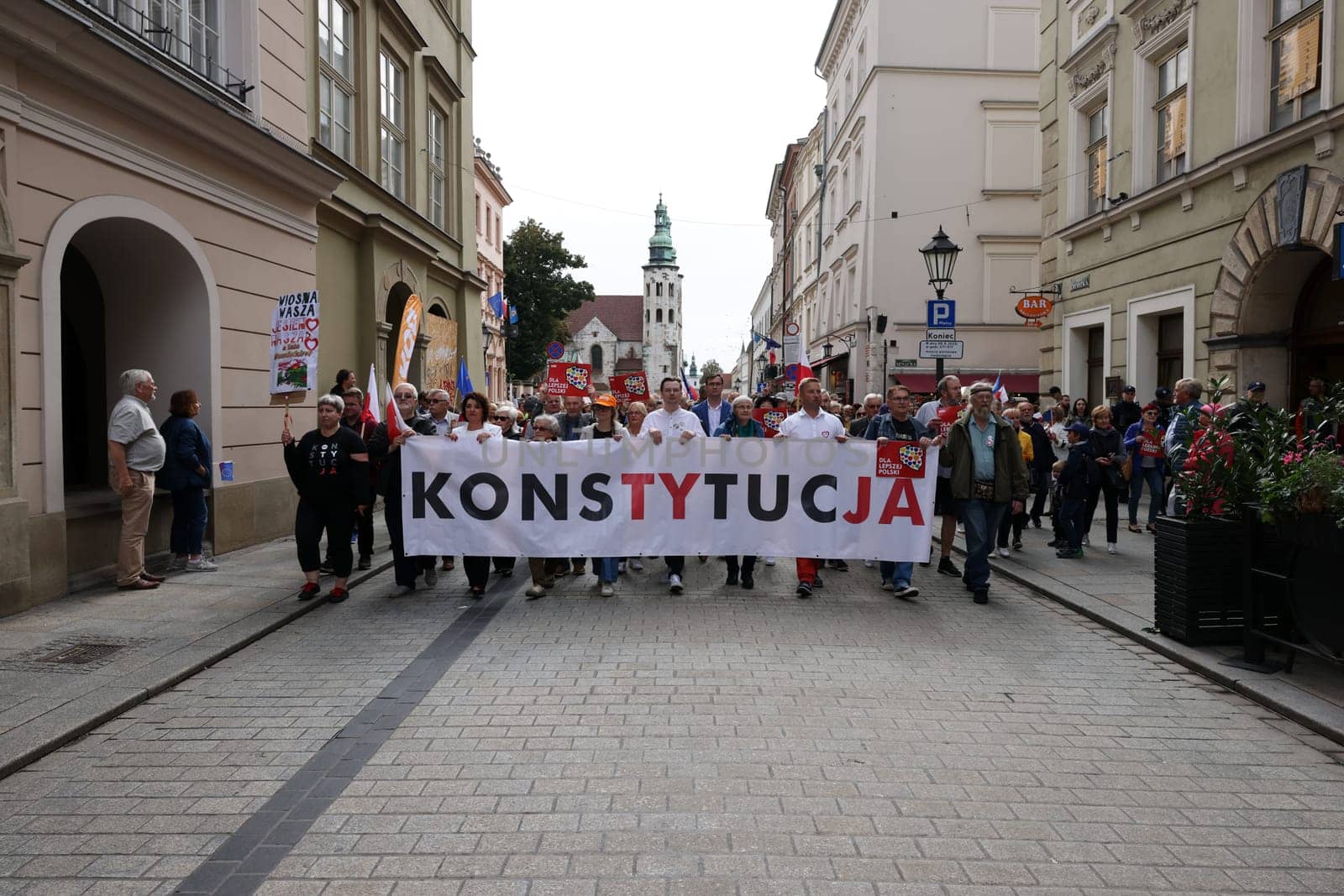 Cracow, Poland - October 1, 2023: Million Hearts March in Krakow. Crowds of Poles march through the streets of Krakow protesting against PiS's rule