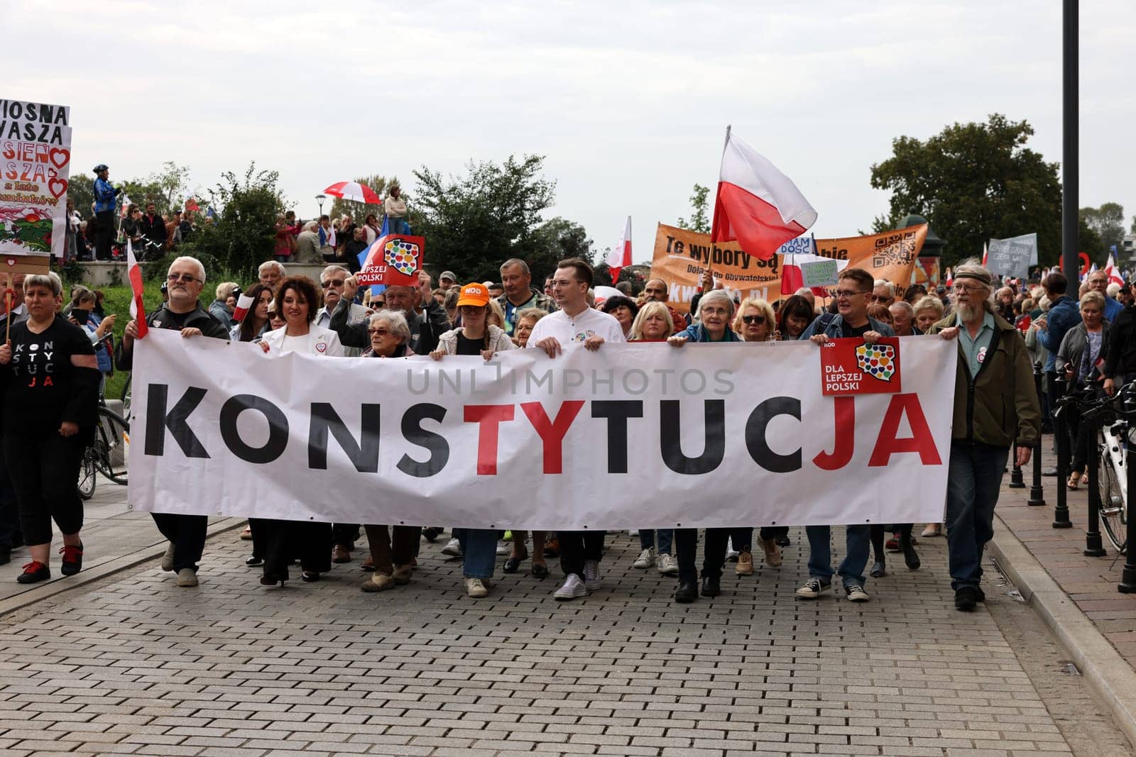 Cracow, Poland - October 1, 2023: Million Hearts March in Krakow. Crowds of Poles march through the streets of Krakow protesting against PiS's rule