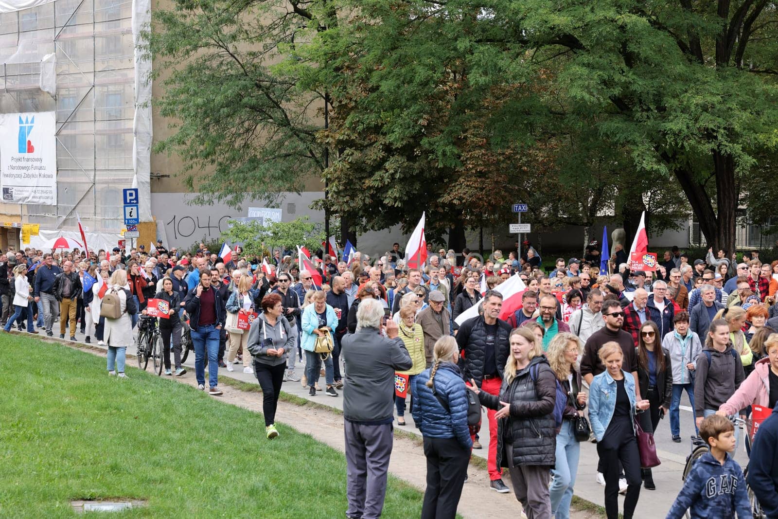 Cracow, Poland - October 1, 2023: Million Hearts March in Krakow. Crowds of Poles march through the streets of Krakow protesting against PiS's rule