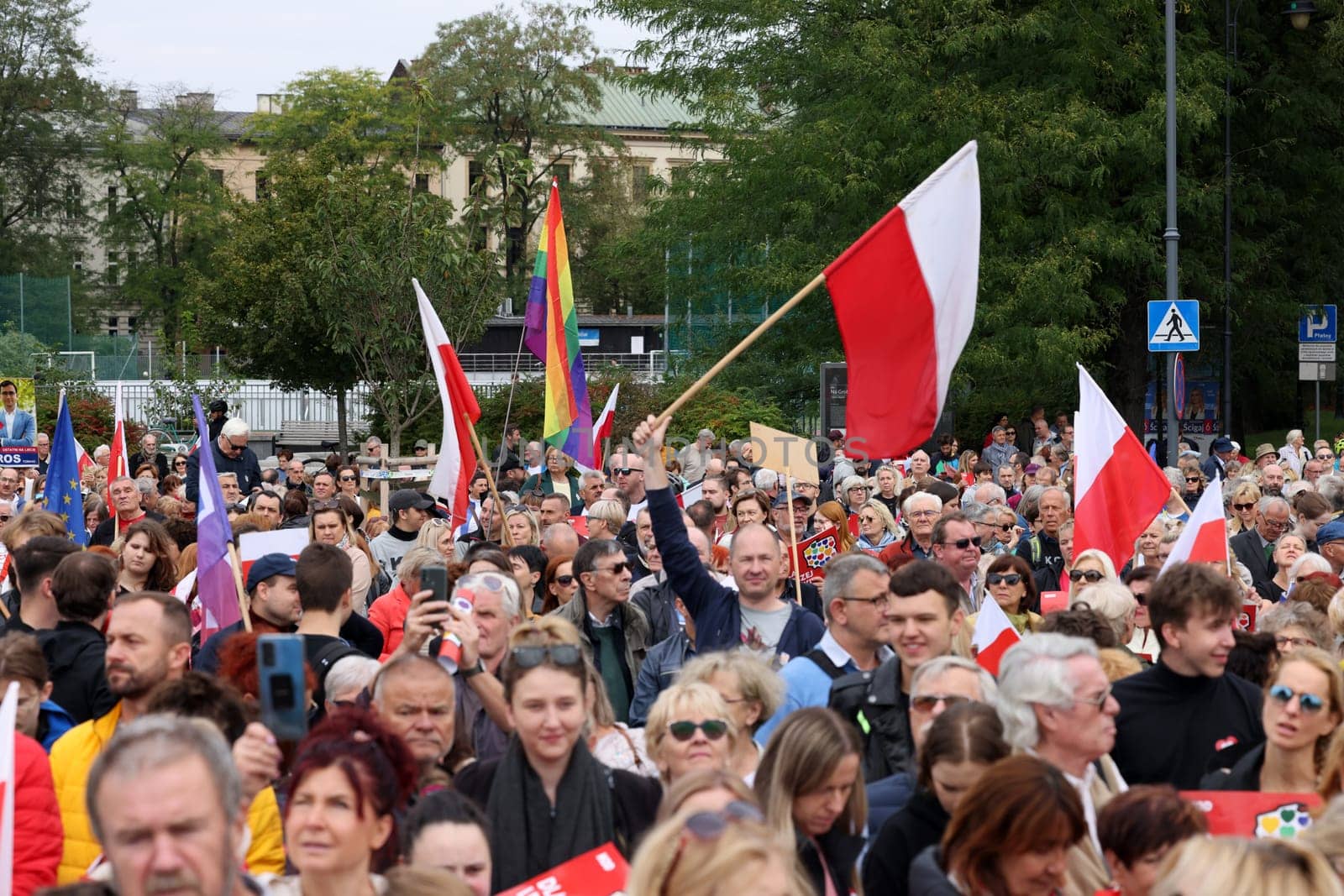 Cracow, Poland - October 1, 2023: Million Hearts March in Krakow. Crowds of Poles march through the streets of Krakow protesting against PiS's rule