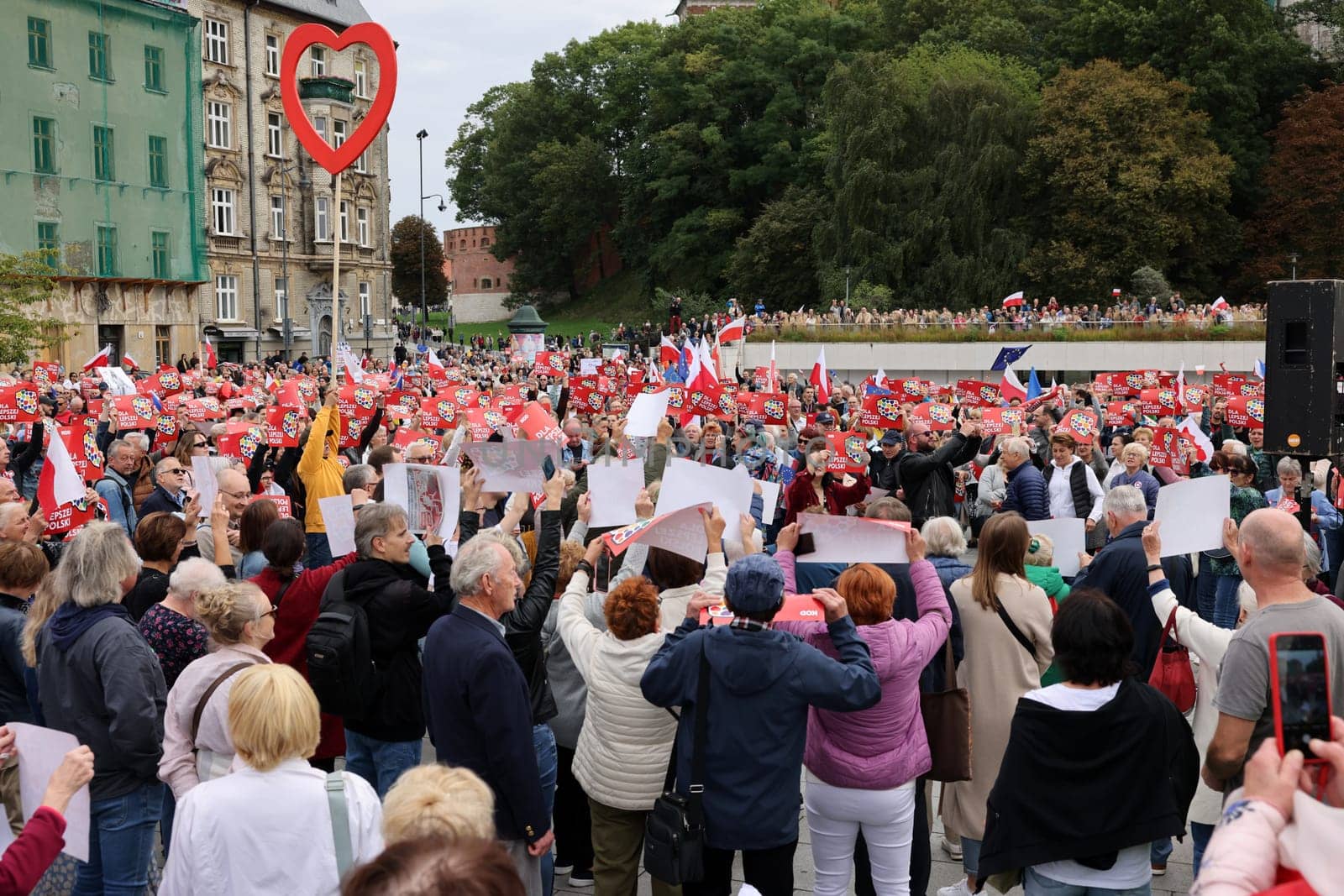 Cracow, Poland - October 1, 2023: Million Hearts March in Krakow. Crowds of Poles march through the streets of Krakow protesting against PiS's rule