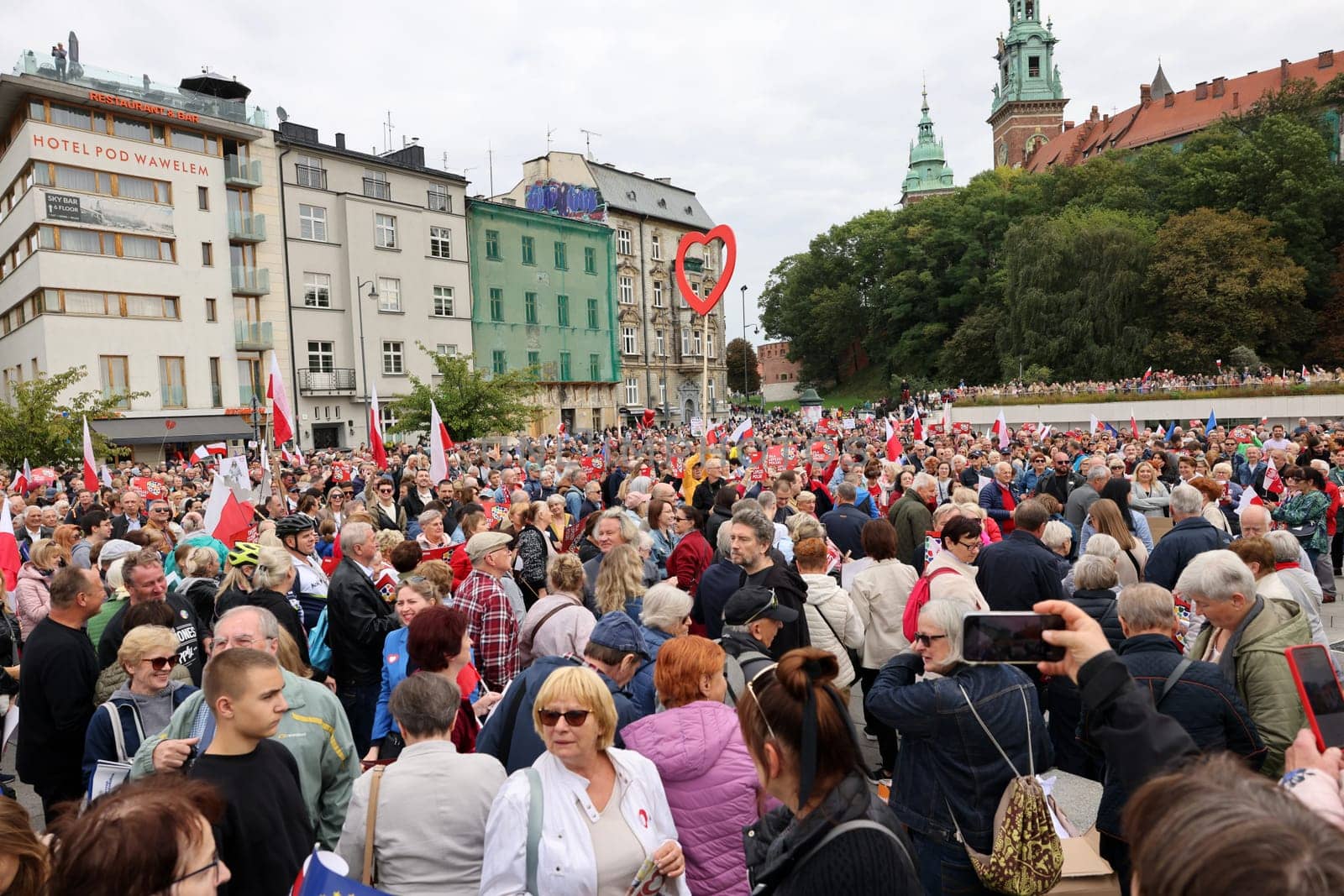 Cracow, Poland - October 1, 2023: Million Hearts March in Krakow. Crowds of Poles march through the streets of Krakow protesting against PiS's rule