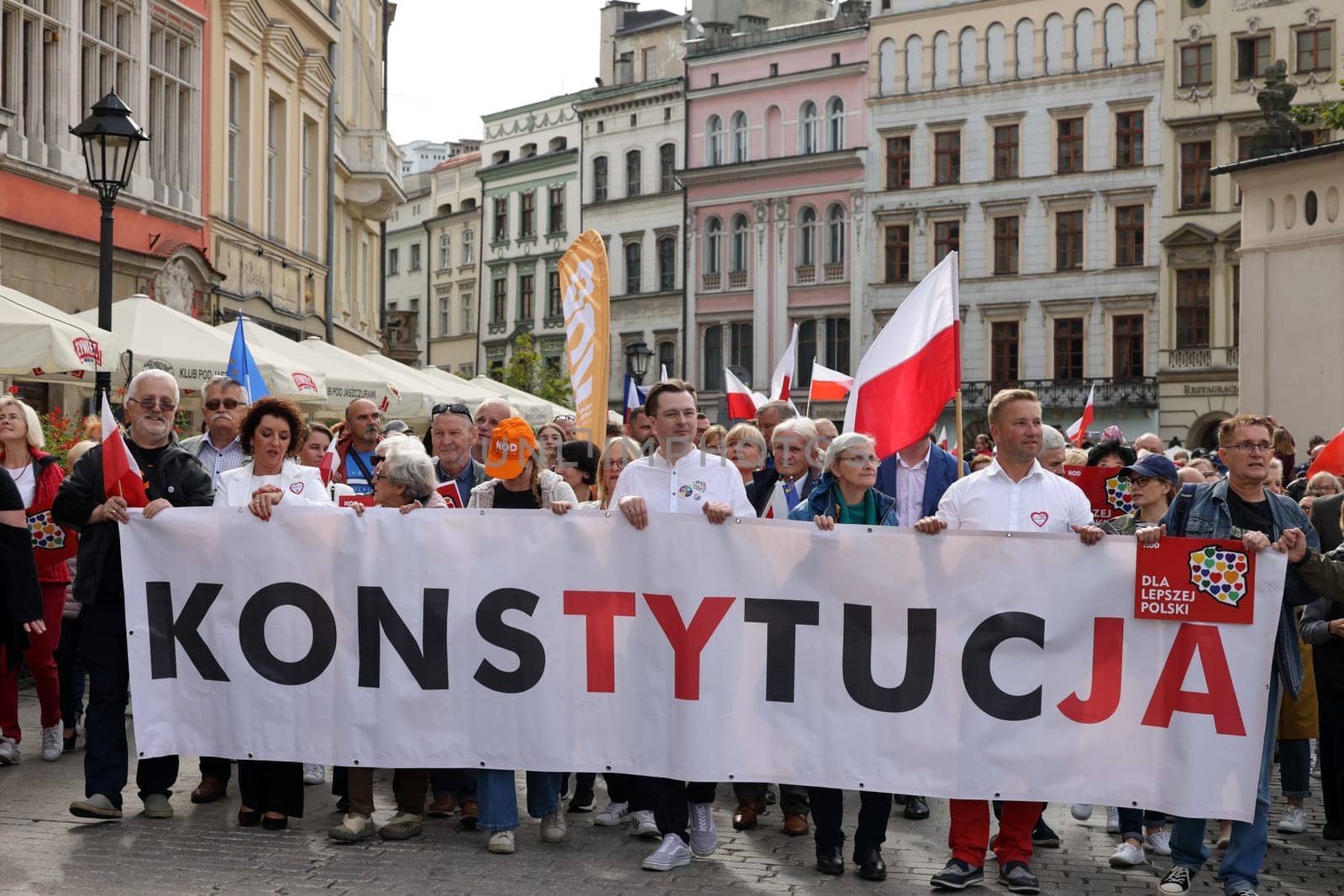 Cracow, Poland - October 1, 2023: Million Hearts March in Krakow. Crowds of Poles march through the streets of Krakow protesting against PiS's rule