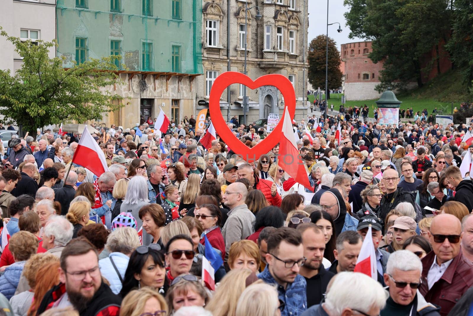 Cracow, Poland - October 1, 2023: Million Hearts March in Krakow. Crowds of Poles march through the streets of Krakow protesting against PiS's rule