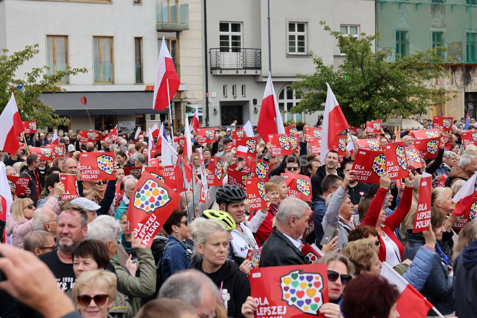 Cracow, Poland - October 1, 2023: Million Hearts March in Krakow. Crowds of Poles march through the streets of Krakow protesting against PiS's rule